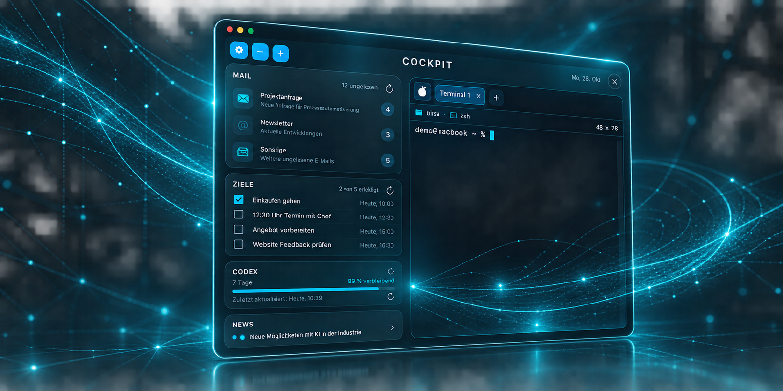 Konzeptvisualisierung der Cockpit App mit Bereichen für Mail, Ziele, Codex, News und Terminal